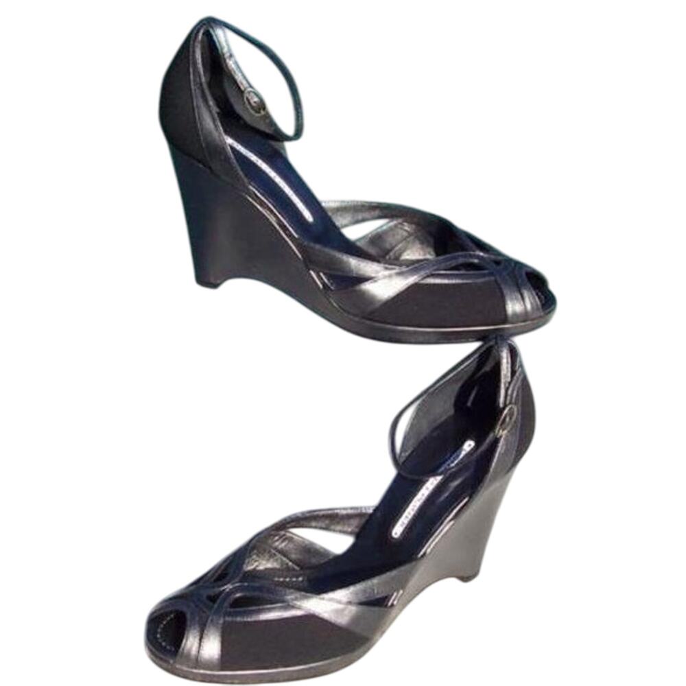 Donald Pliner Black Suede Pewter Leather Wedge Shoe Peep Toe $260 NIB 10